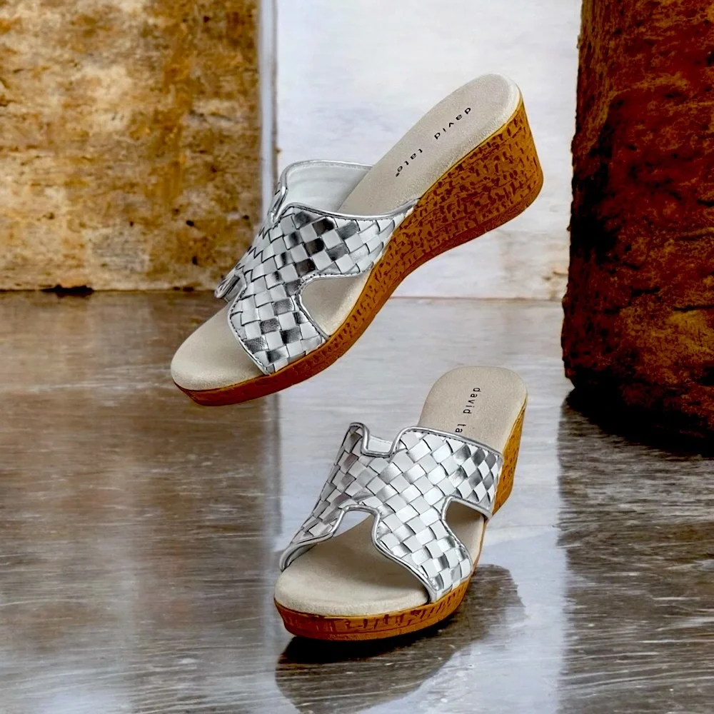David Tate‎ Moderno Slip On Wedges Sandals Leather Upper Open Toe Silver